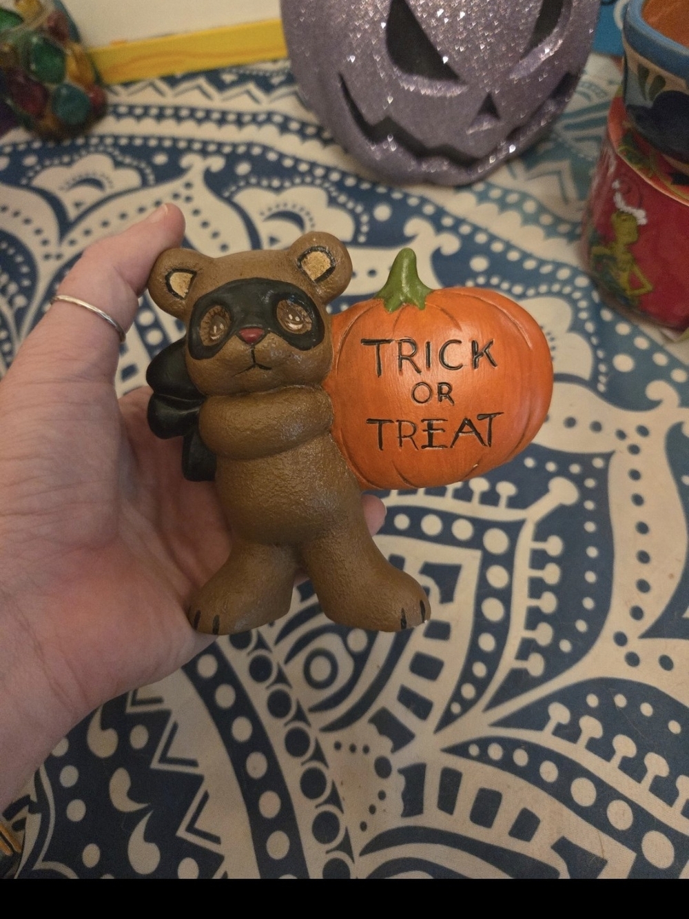 Vintage ceramic Halloween trick or treat bear in costume with pumpkin mask - Picture 3 of 9